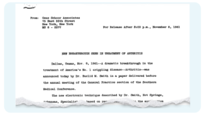 Historic 1961 arthritis press release document with a torn paper edge